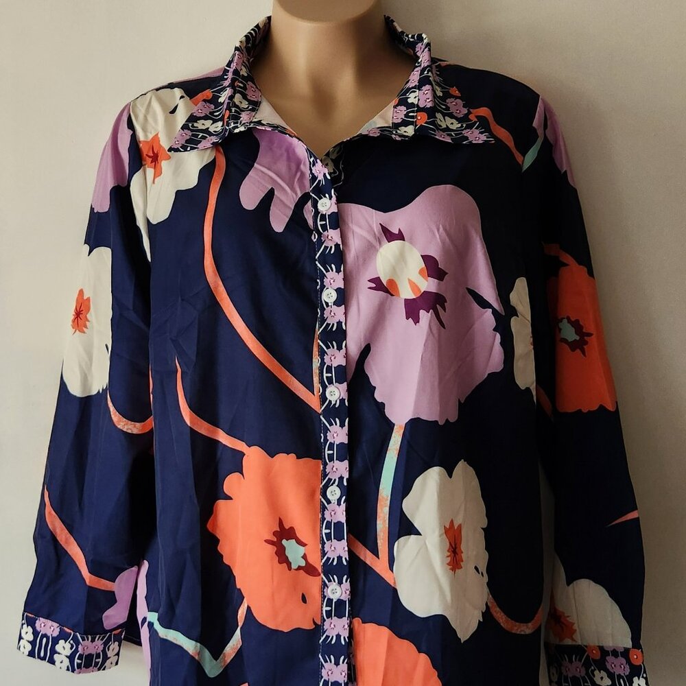 Shein Curve blouse sz 3X navy orange white floral EUC